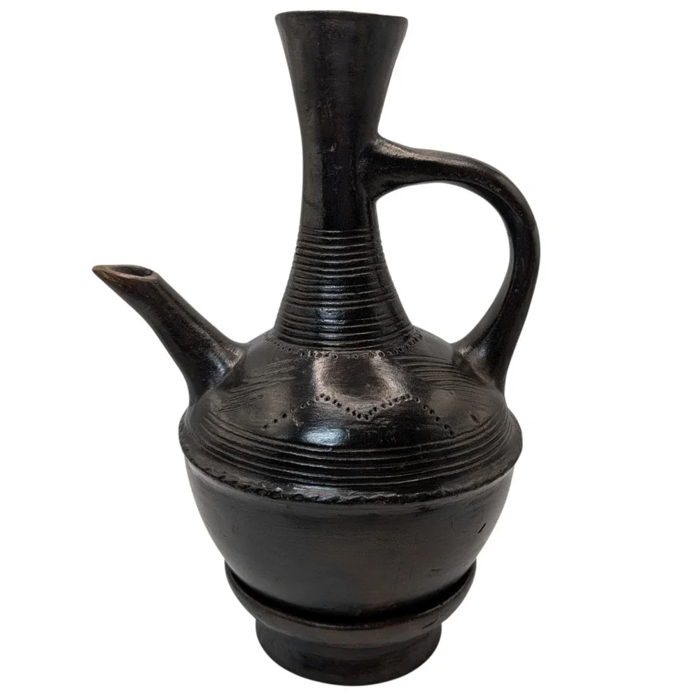Vintage Ethiopian Jebena Pot Handmade with Stand Black Clay Coffee Pot Two Piece